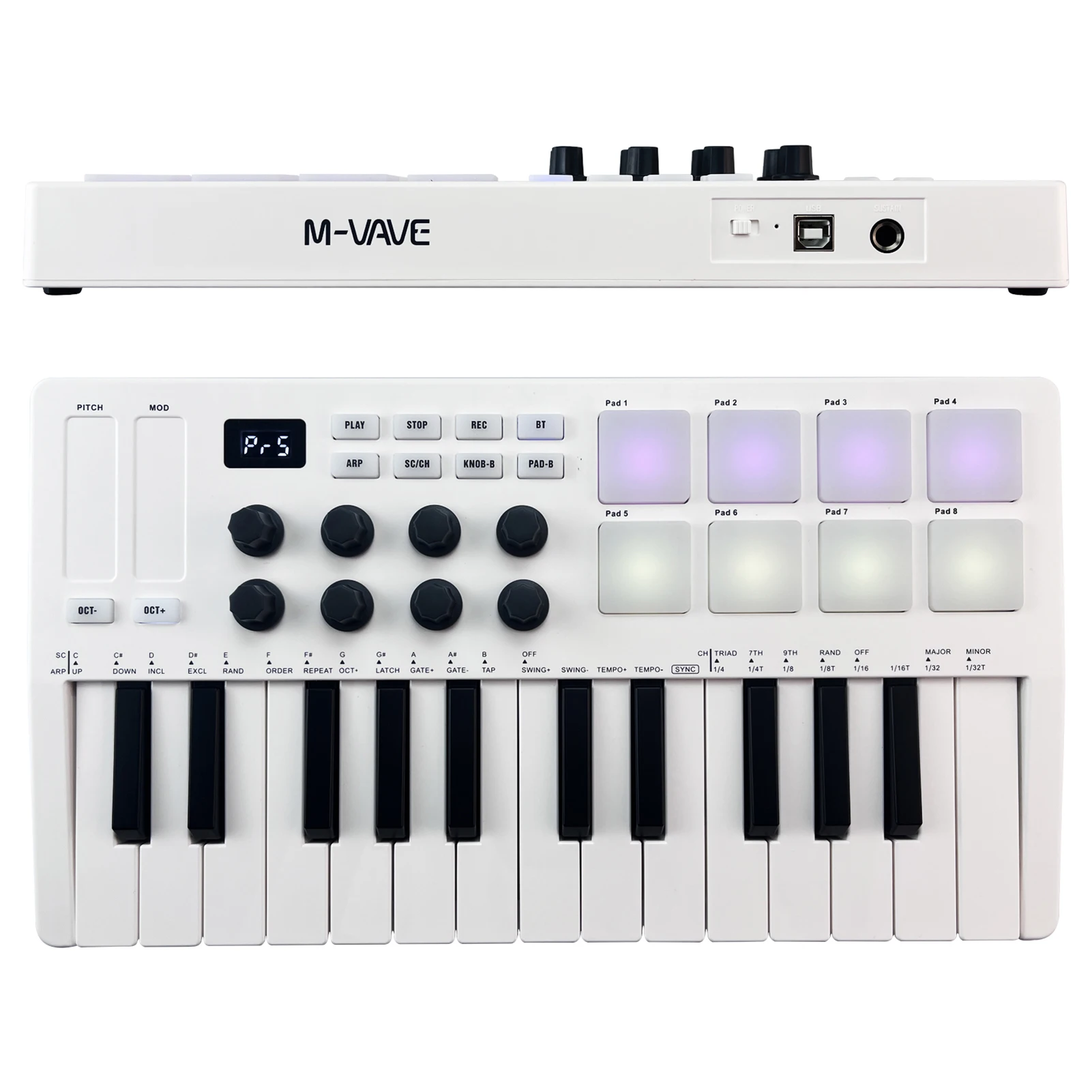 Портативная MIDI-клавиатура M-VAVE 25 клавиш USB MIDI-контроллер с 8 барабанными колодками