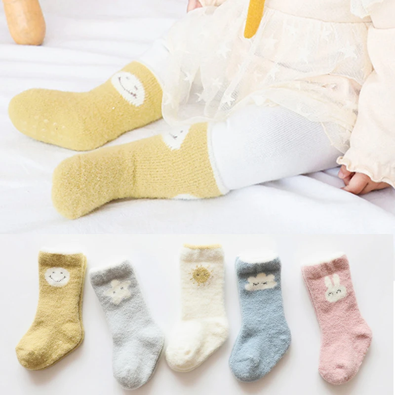

Autumn Winter Newborn Plush Socks Thickened Baby Toddler Non-slip Kawaii Star Cloud Sun Rabbit Smiley Boys Girls Mid Tube Sock