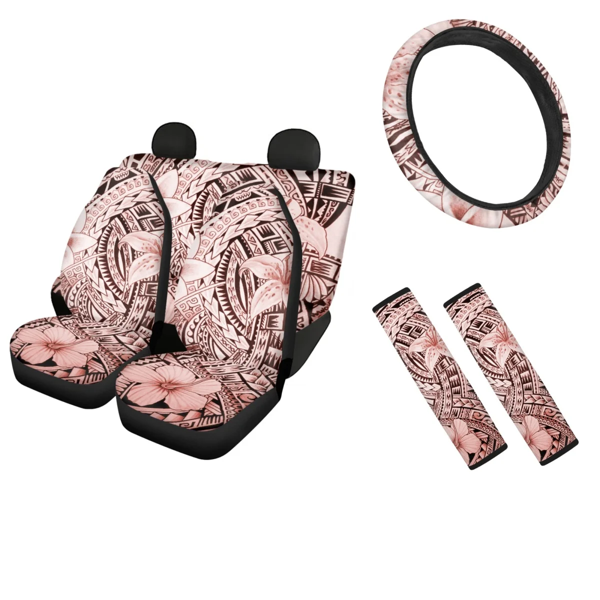 

Полинезийский цветок гибискуса Набор чехлов для сидений автомобиля для женщин Противоскользящий чехол на руль Модный внутренний Декор ремень безопасности