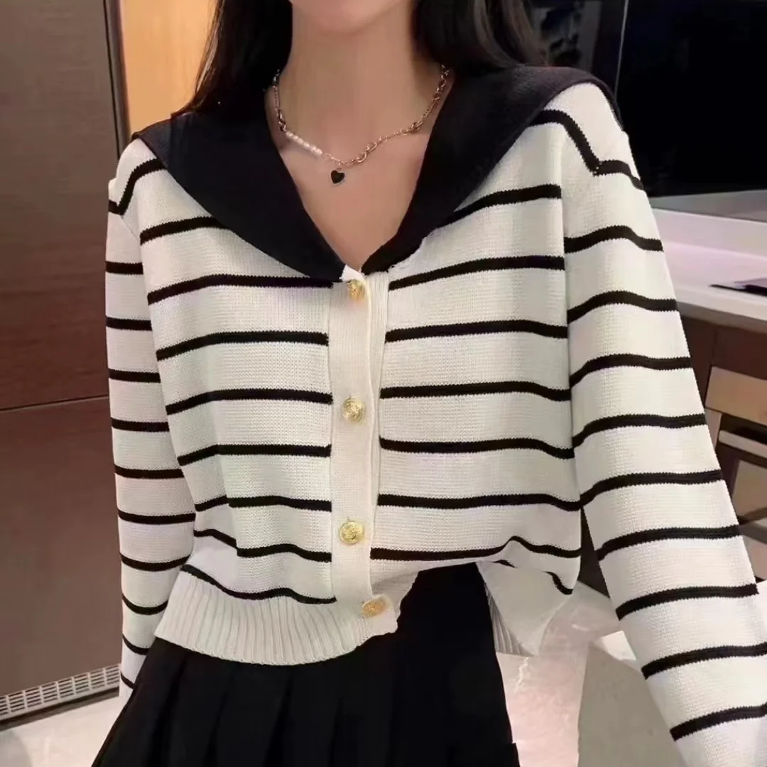 

Navy Lapel College Knitted Cardigan Women's Autumn Spring Preppy Style Short Striped Knitwear Sweater Coat Sailor Collar T03