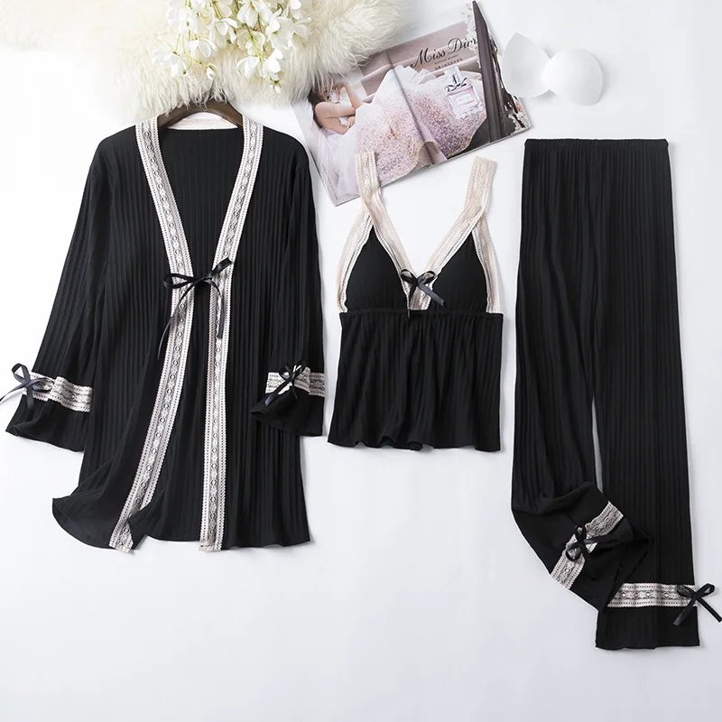 

Spring Women 3Pcs Pajamas Set Casual Lace Robe PJS Sleep Suit Home Clothing V-Neck Sleepwear Nightwear Homewear