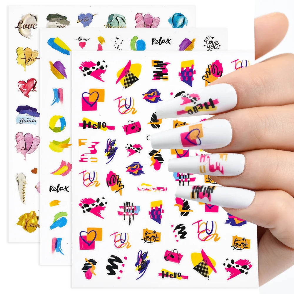 

1 Sheet Blooming Ink Painting Design Nail Art Stickers Love Heart Cat Lines Slider For Nail Decoration Manicure Decals