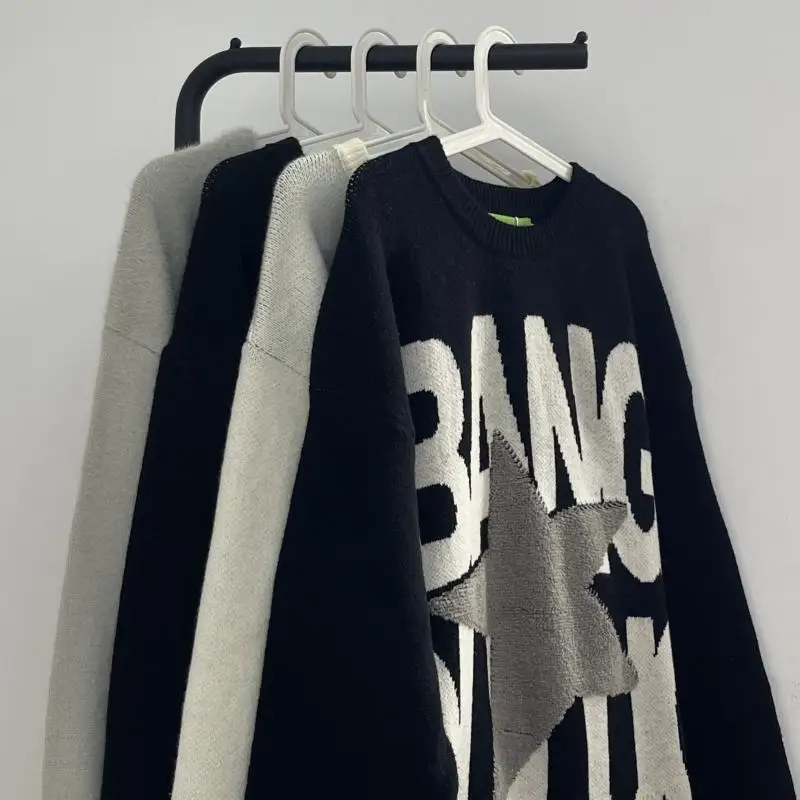 Корейский стиль K-pop свитера для мужчин в стиле хип-хоп с надписью и вышивкой Звезд