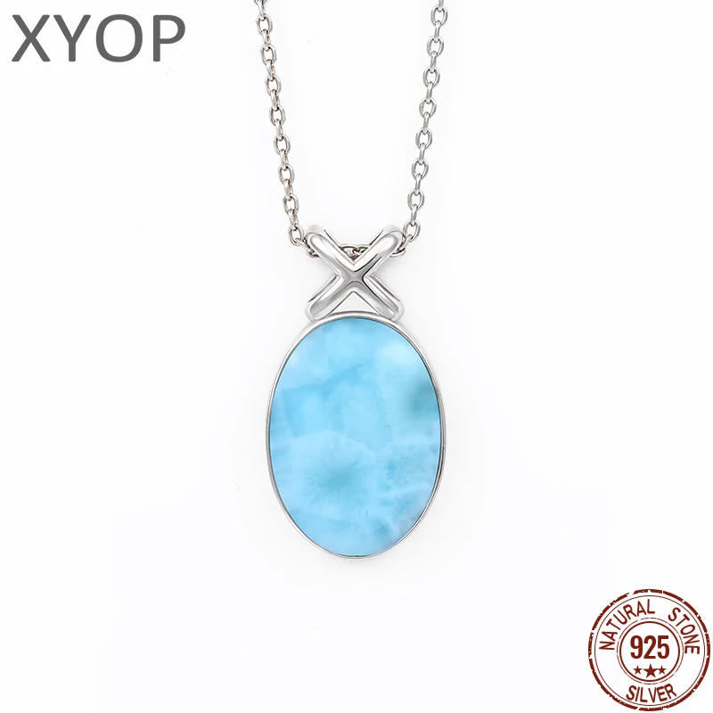 

Plated Gold 925 Sterling Silver Jewelry Gifts Classic Pendant Necklace Natural Precious Dominica Larimar Retro Woman Oval Charm