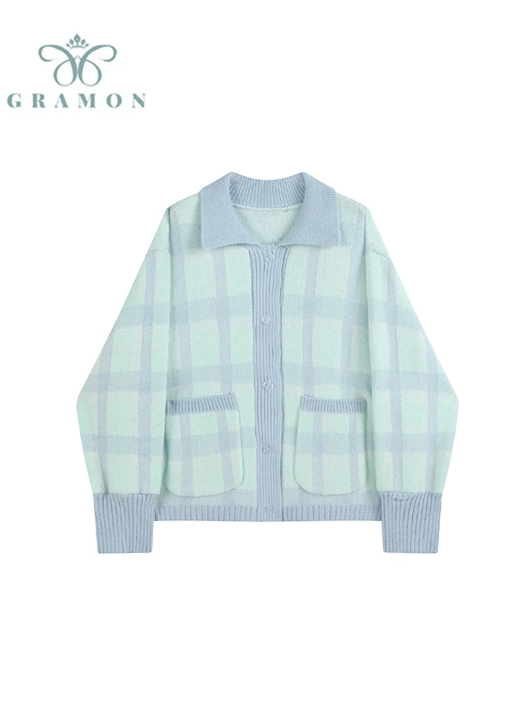 

Women Lapel Knitted Cardigan Sweater Female Vintage Stripe Knit Sweaters Long Sleeve Korean Fashion Autumn Oversized Tops Coat