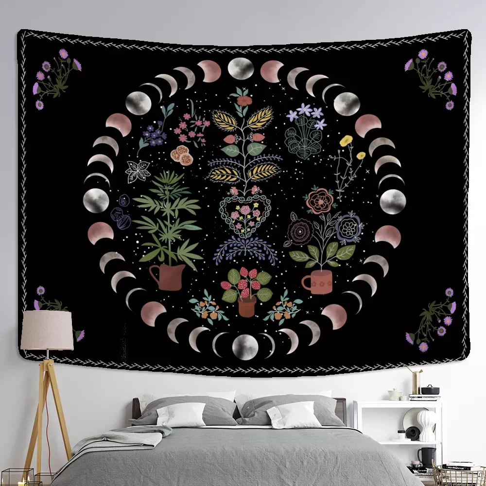 

Phase Tapestry Wall Hanging Plants Celestial Flowers Starry Sky Bohemian Witchcraft Hippie Home Decor