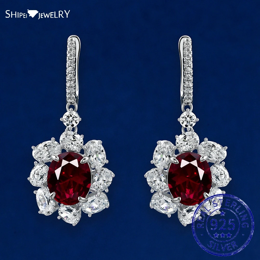 

Shipei The New 925 Sterling Silver 4.5CT Ruby Created Moissanite Gemstone Wedding Party Luxury Drop Dangle Earrings Fine Jewelry