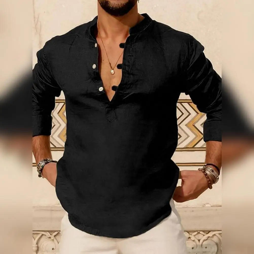 

Дышащая мужская рубашка с длинным рукавом, приталенный пуловер с воротником «Генри», рубашка с длинными рукавами и повседневными пуговицами, мягкая дышащая