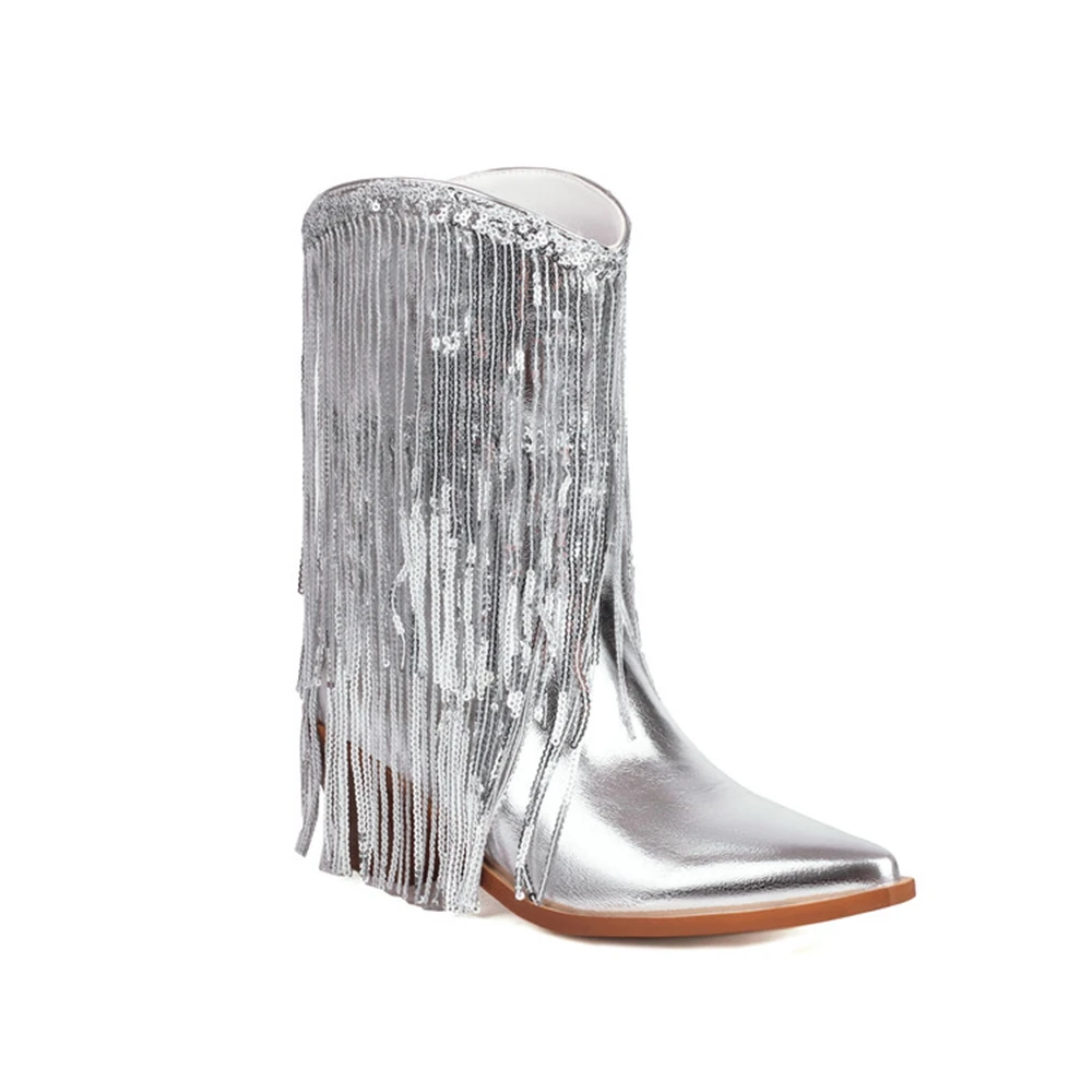Женские ботинки с золотистыми блестками и кисточками блестящие Серебристые в