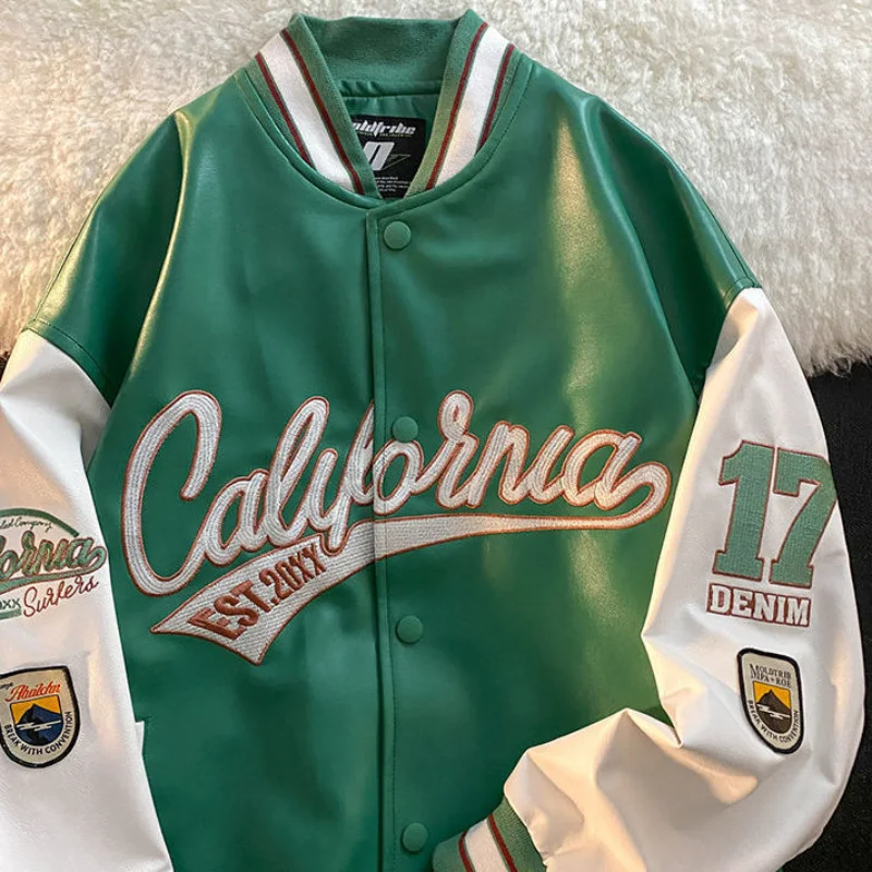 

American retro letter embroidery leather jackets coats women's 2021 new street trend all-match baseball uniform couple loose top