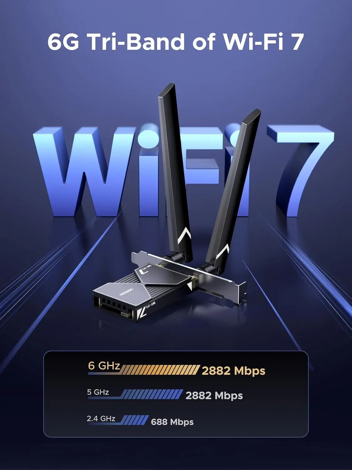 Фото MAF UGREEN WiFi 7 BE6500 PCIe 4-контактная Wi-Fi карта Bluetooth 5.4 IEEE 802.11ax/be 6G 2882 Мбит/с/5G 2882 Мбит/с/2.4G 688 Мбит/с BE3600 №1