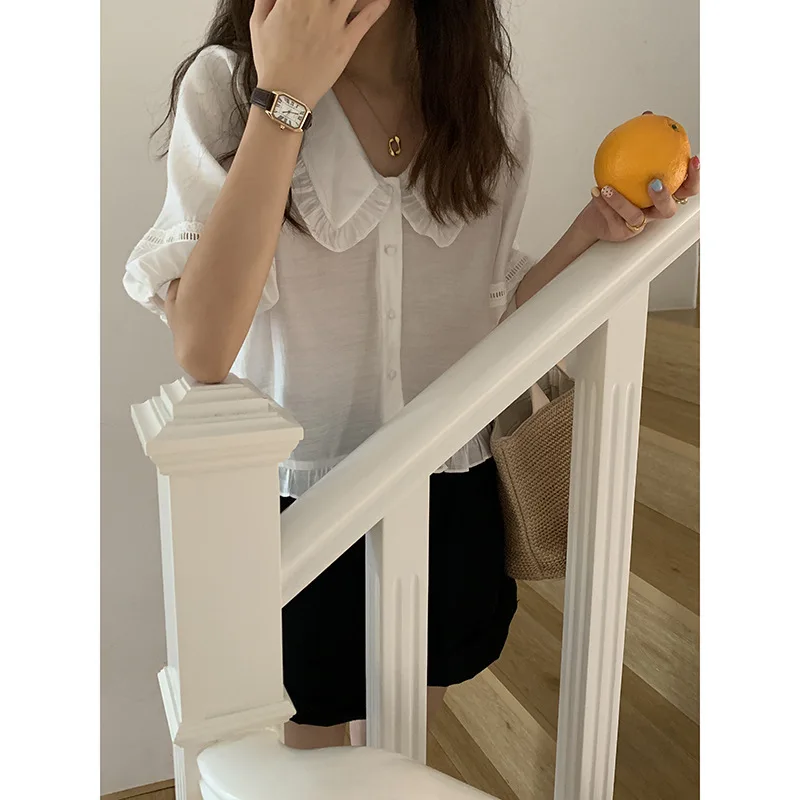 

Pink Doll Collar Short Sleeve Shirt Women's 2022 Summer Korean Sweet Ruffle Short Top Solid Color Tees Single Row ButtonTOP