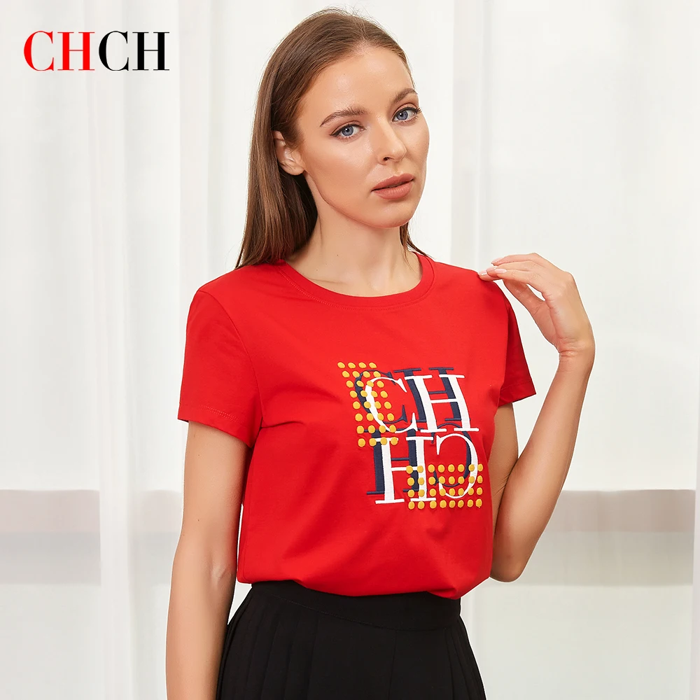 

CHCH Summer Women Tee Top 2023 Female Clothing Embroidry Letter Print Breathable Short Sleeve Beach Fashion Casual T Shirts New