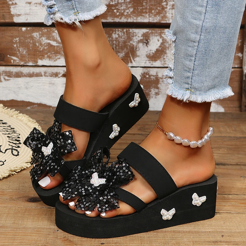 

Slippers Women Shoes Rhinestone Slope Heel Open Toe Bow-knot Clip-toe Comfy Flip Flop Shoes Casual Comfortable Beach Sandals