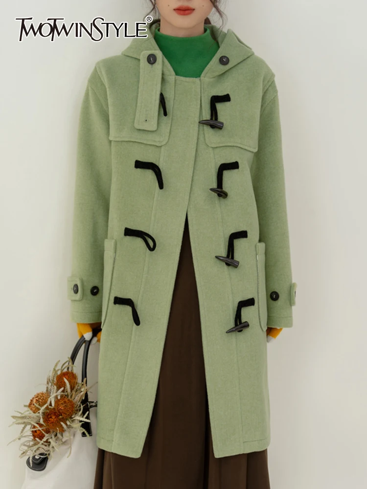 

TWOTWINSTYLE Solid Patchwork Horn Button Casual Loose Coats For Women Hooded Long Sleeve Spliced Pockets Coat Female Fashion New