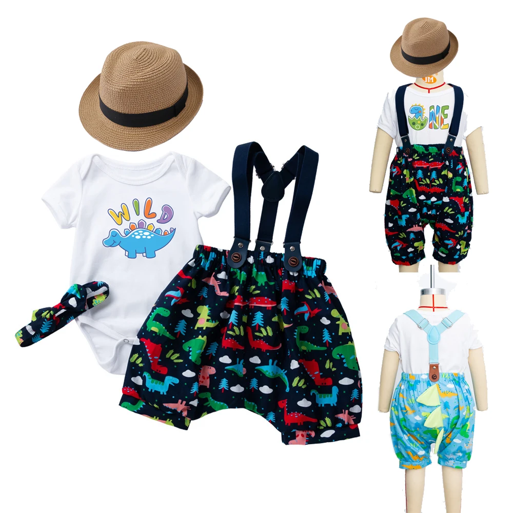 Baby Boy Clothes 3pcs Set Dinosaur Fashion   Suspender Pants with Romper Infant Boys Summer  Fisherman Hat