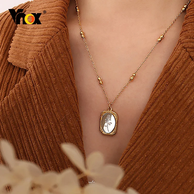 

Vnox Magic Mirror with Rose Women Pendants, Stainless Steel Geometric Flower Necklace, Gold Color Stainless Steel Neck Collar