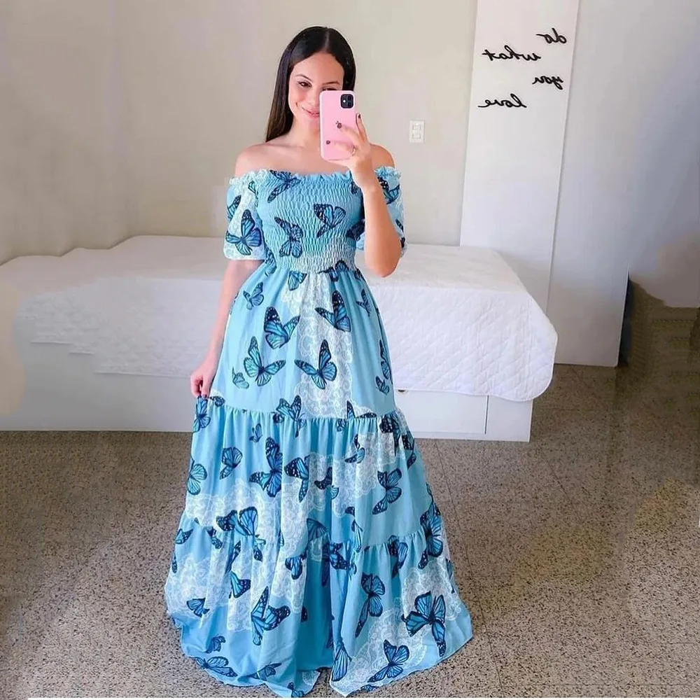 

Women's Dress Long Prin Boho Summer 2023 of Shoulder, Floral, Fashionable, Off-the-shoulder Long Printed Skirt Summer Dresses