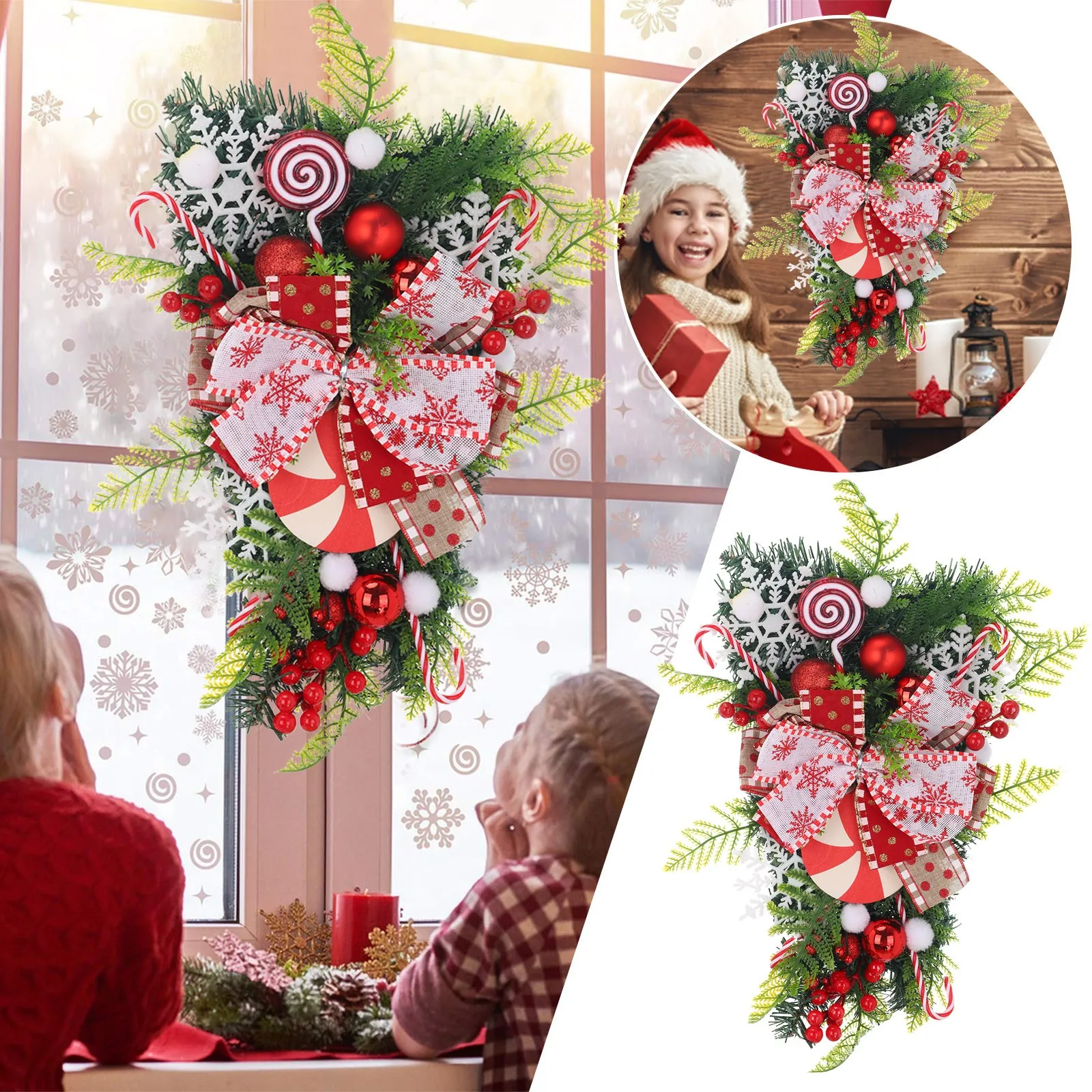 

2022 Candy Cane Wreath Christmas Decoration Artificial Pinees Cones Red Berries Wreath