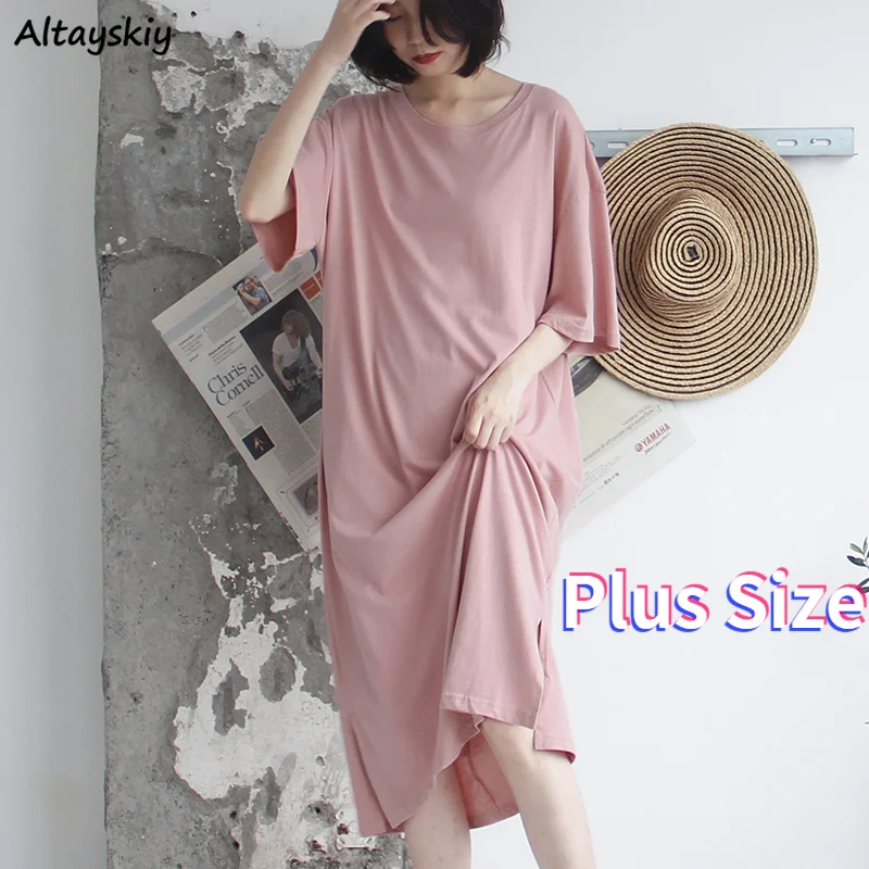 

Summer Over Knees Dress Women Loose Slit Short Sleeve Solid Vestidos Comfortable New O-neck Dresses Mujer Simple Females M-4XL
