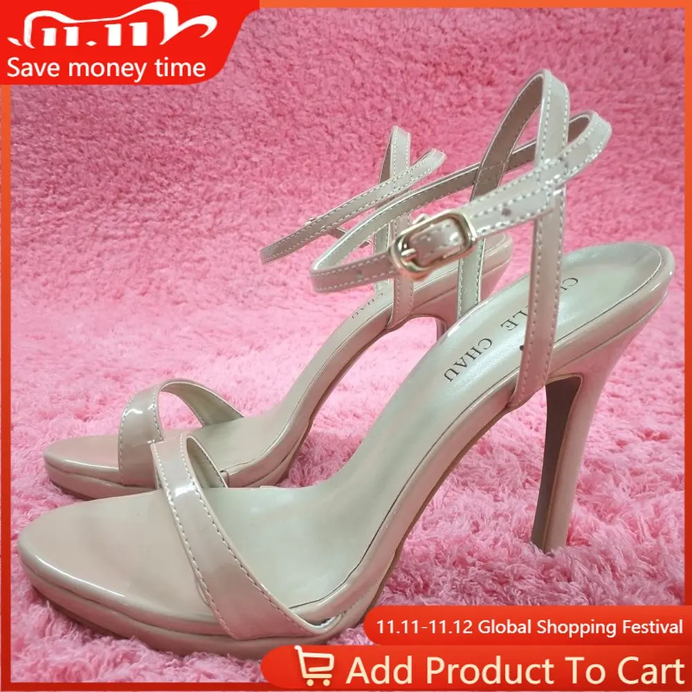 

Women Stiletto Thin High Heel Sandals Sexy Ankle Strap Open Toe Beige Patent Fashion Party Bridals Ball Lady Shoe 0640ASL-a