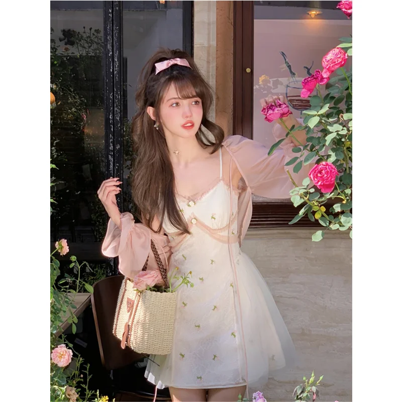 

Women's White Straps Dress Lace Flowers Embroidery Sleeveless Casual Sexy Fashion French High Waist Short Skirt Ladies Summer