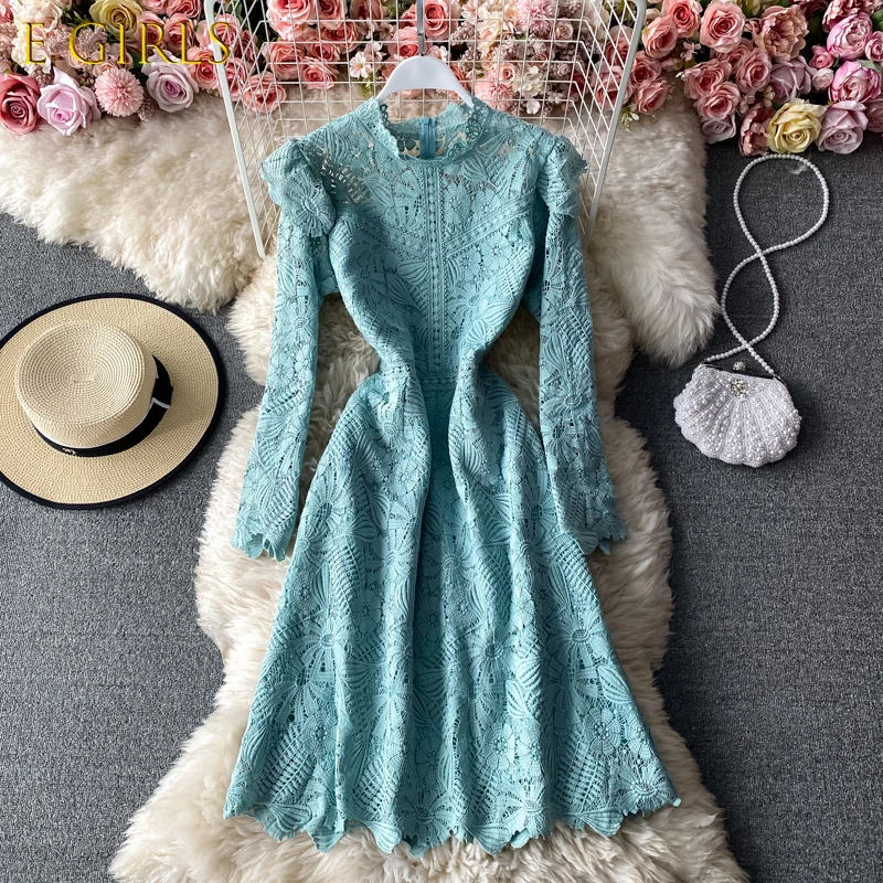 

J GIRLS Vintage Solid A Line Stand Collar Hollow Out Vestidos Korean Elegant Lace Long Sleeve Dresses Back Zippers Knee Length