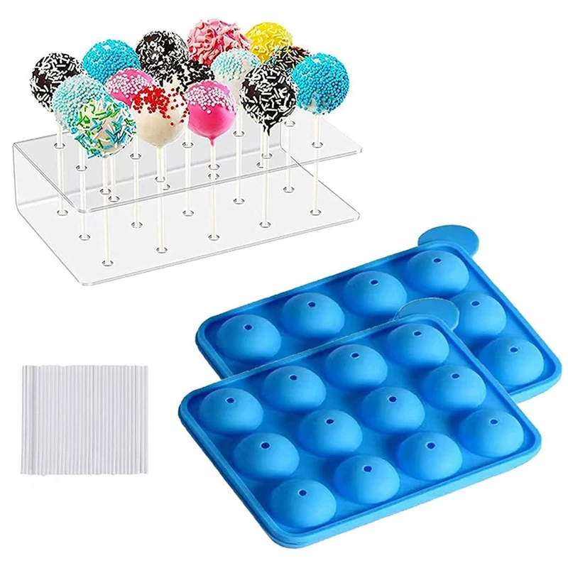 

Silicone Cake Mold Set,12 Cavity Lollipop Maker Kit with 60Pcs Stick,15-Hole Acrylic Lollipop Holder for Baking Lollipop