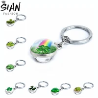 new lucky clover keychains pendant holder four leaf clover art photo double sided glass ball key chains keyrings jewelry gifts