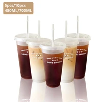 510pcs cute plastic water bottle for iced coffee tumbler with straw and lid kawaii juice milk tea reusable cups 480ml 700ml