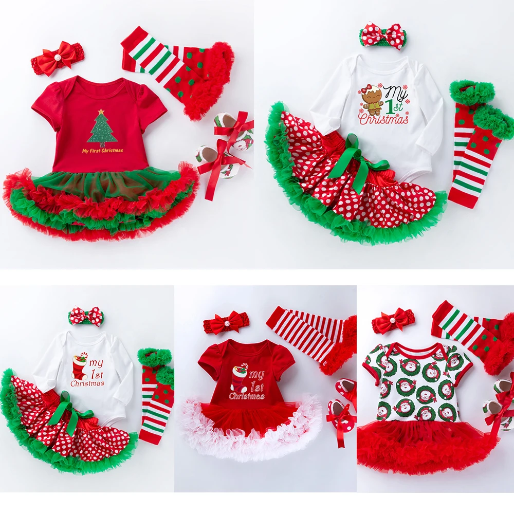 

2023 Christmas Baby Girl Clothing 4 Piece Set Fancy Carnival Party Puffy Dress Infant Birthday Gift Dress+Hairband+Socks+Shoes