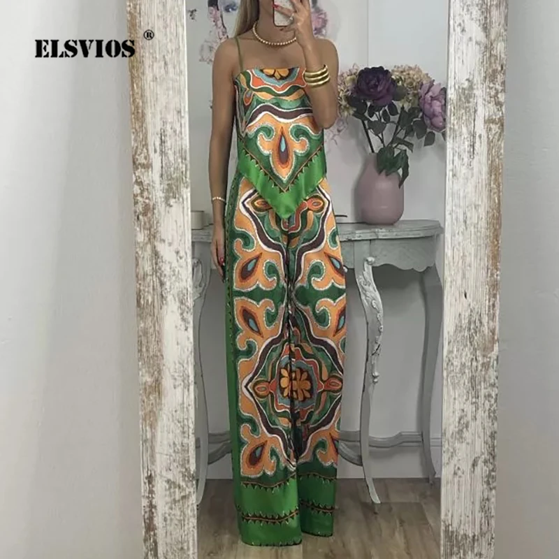 Fashion Printed Sexy Backless Lace-up Sleeveless Sling Blouses Straight Pants Two Piece Sets Female Commute