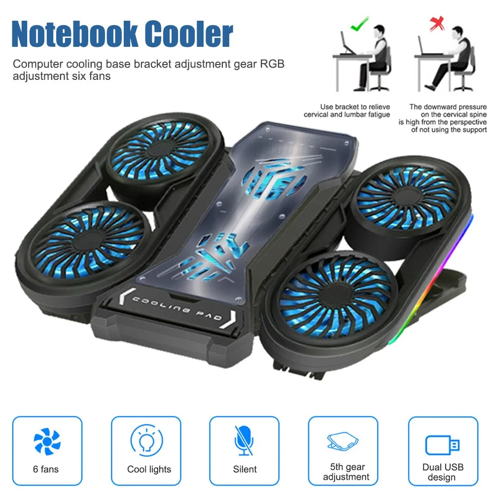 

Notebook Radiator Air Cooler Laptop Stand with 6 Fans RGB LED Adjustable Laptop Holder Support Base Bracket
