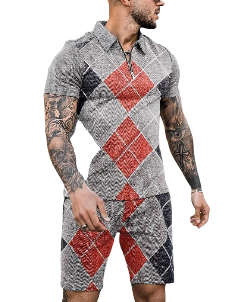 

2022 Men's Polo Suit Fashion Men Sets Mesh Printed Streetwear V-neck Short Sleeve POLO Shirt & Shorts Two Pieces Men Casual Suit