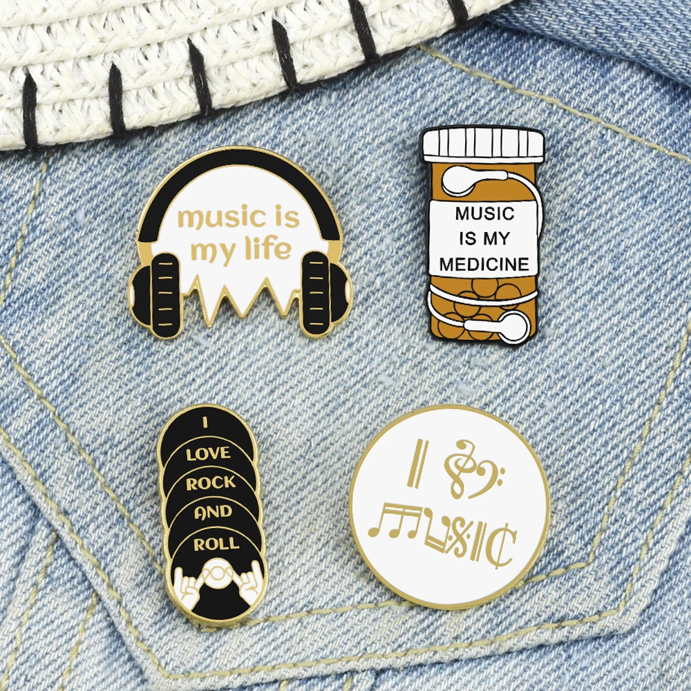 Music Is My Life!Fashion Enamel Pins for Women Men Earphone CDs Musical Note Record Headphone Brooches Denim Lapel Badge Jewelry