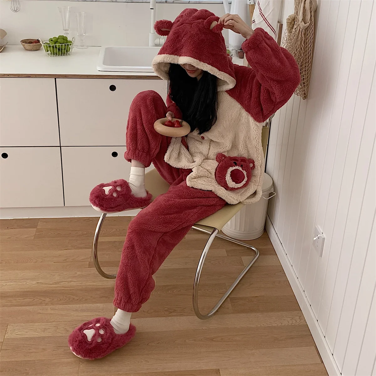 Women Home Slipper 2022 Winter Lovely Red Bear Paw Plush Cotton Slippers Women's Non Slip Thick Bottom Half Cover Heel Warm