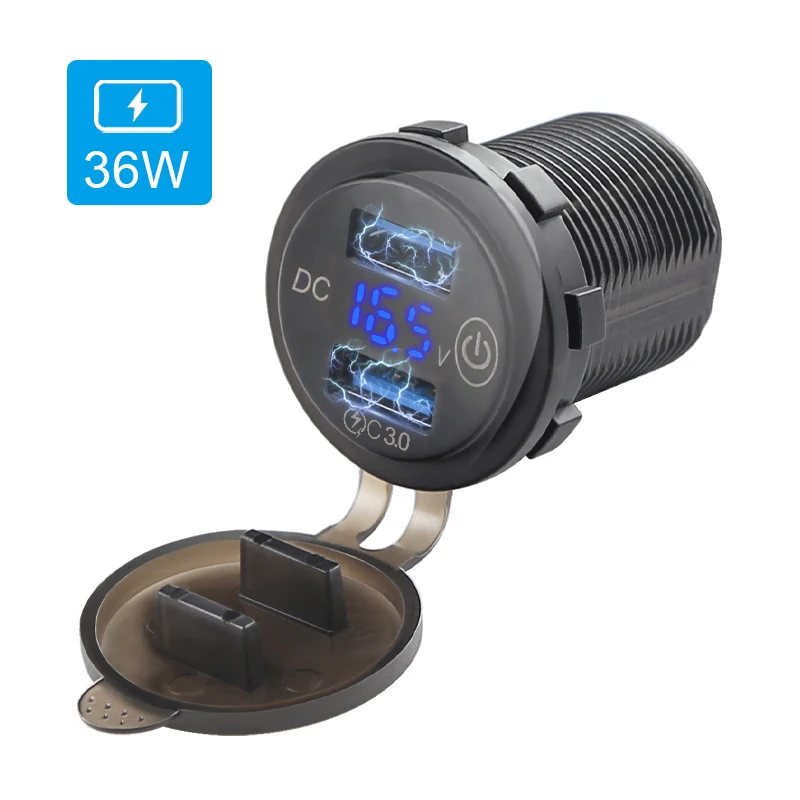 

3.0 Dual USB Car Charger Socket With Touch Switch Waterproof Fast Charge Power Outlet for 12V-24V Motorcycle Boat Marine Truck