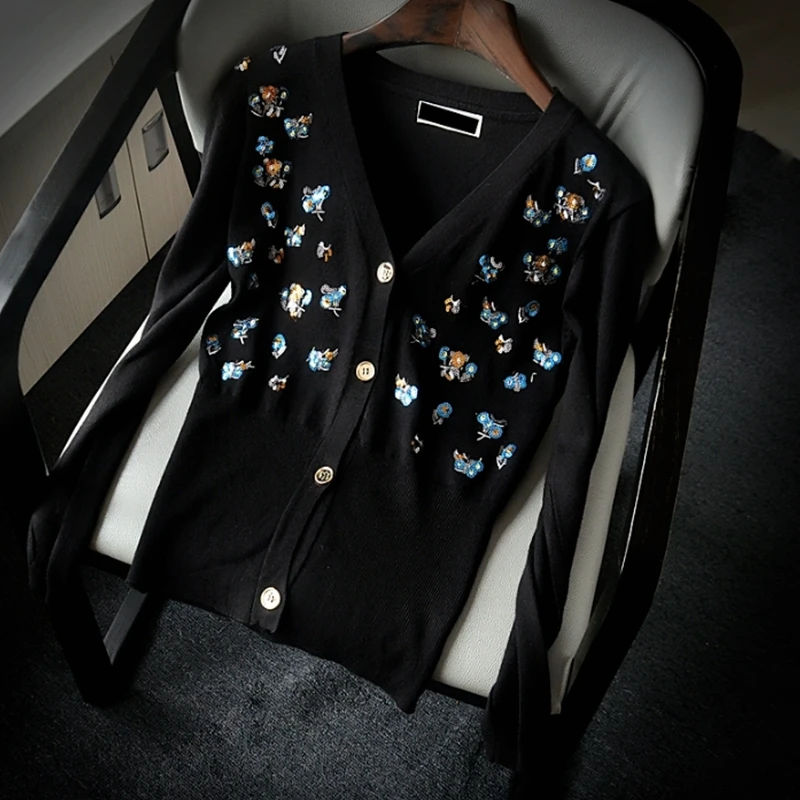 

Осень 2023, новинка, модный вязаный свитер с V-образным вырезом и блестками, кардиган, женское облегающее короткое вязаное пальто