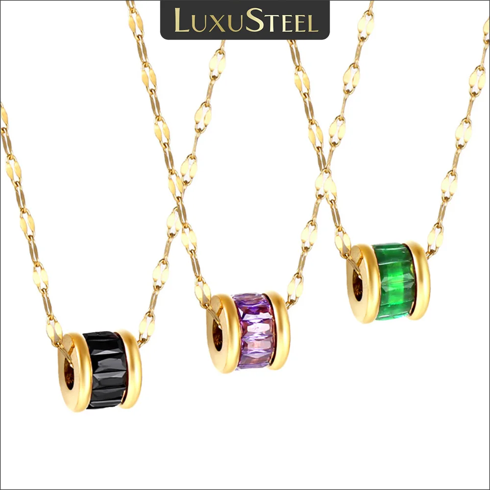 

LUXUSTEEL Sweet Luxury Colorful Zircon Crystal Round Pendant Necklace For Women Stainless Steel Clavicle Chain On Neck Wedding