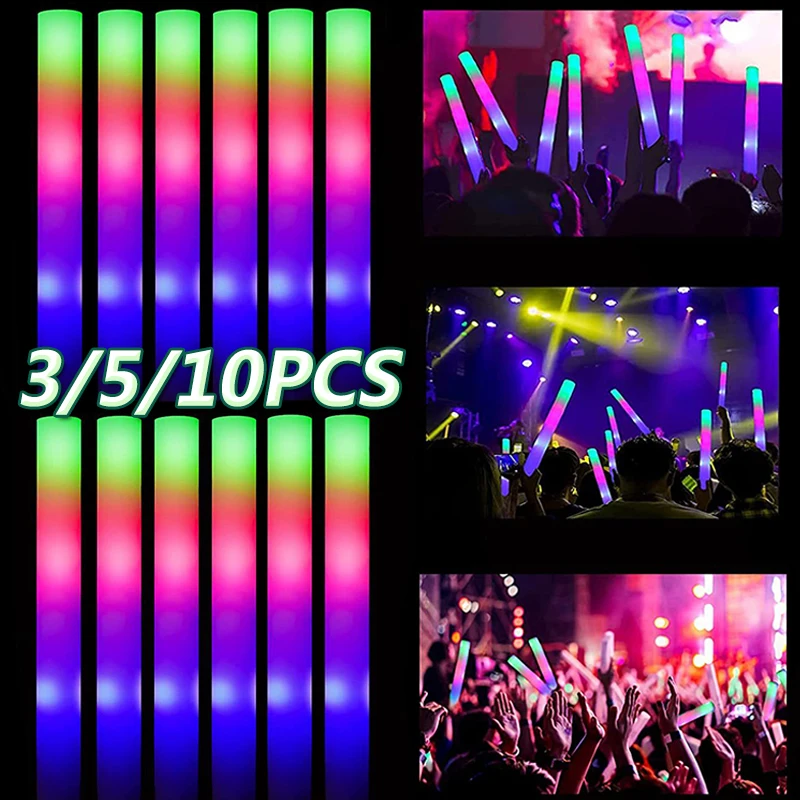 

10/1Pcs Colorful LED Glow Sticks RGB Glowing Foam Cheer Tube Dark Lighting Birthday Wedding Event Party Supplies Concert Props