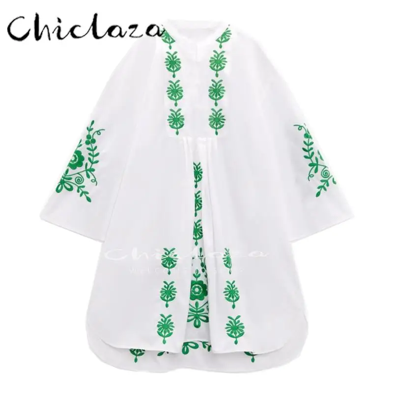 

CHICLAZA 2022 Summer Women Fashion White Embroidery Dress Female Vintage Crew Neck Seven Points Sleeve Bohemia Dresses