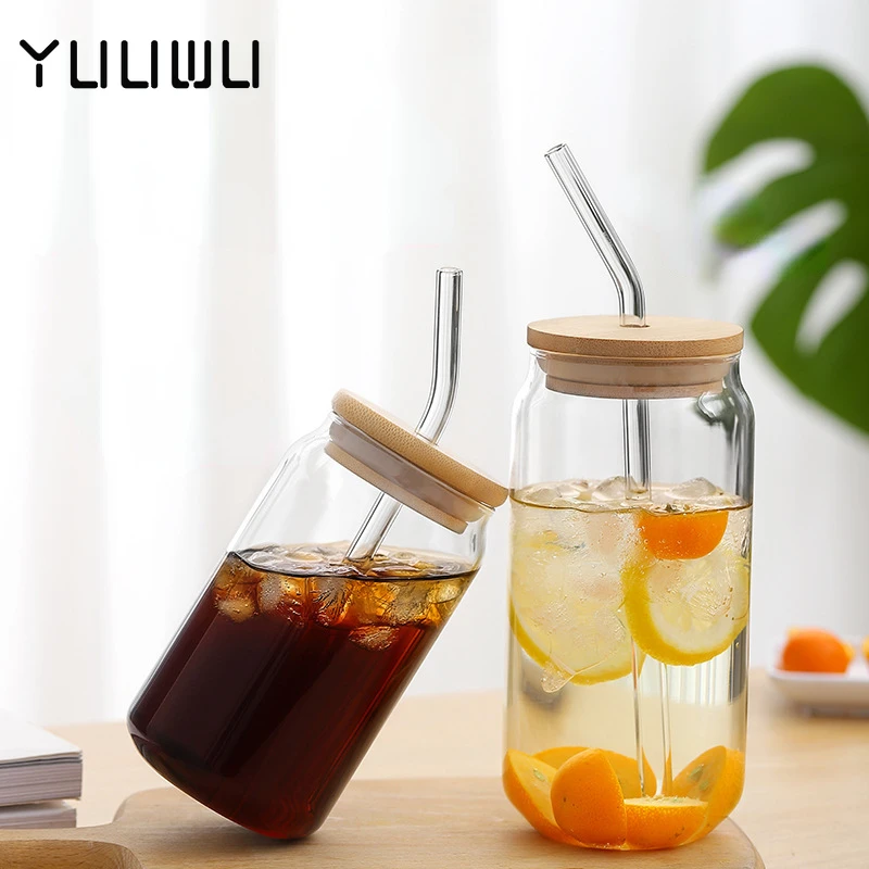 395ml/580ml Glass Cup with Lid and Straw Transparent Bubble Tea Cup Juice Glass Beer Can Milk Mocha Cups Breakfast Mug Drinkware