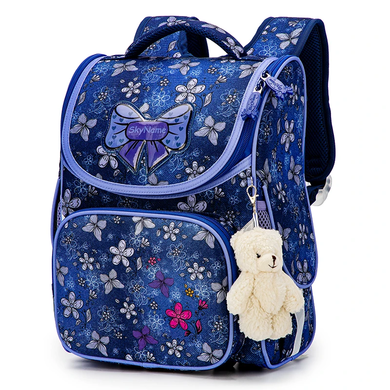 

Детские школьные ранцы для девочек, ортопедические рюкзаки темно-синего цвета с цветочным принтом для учеников 1 класса