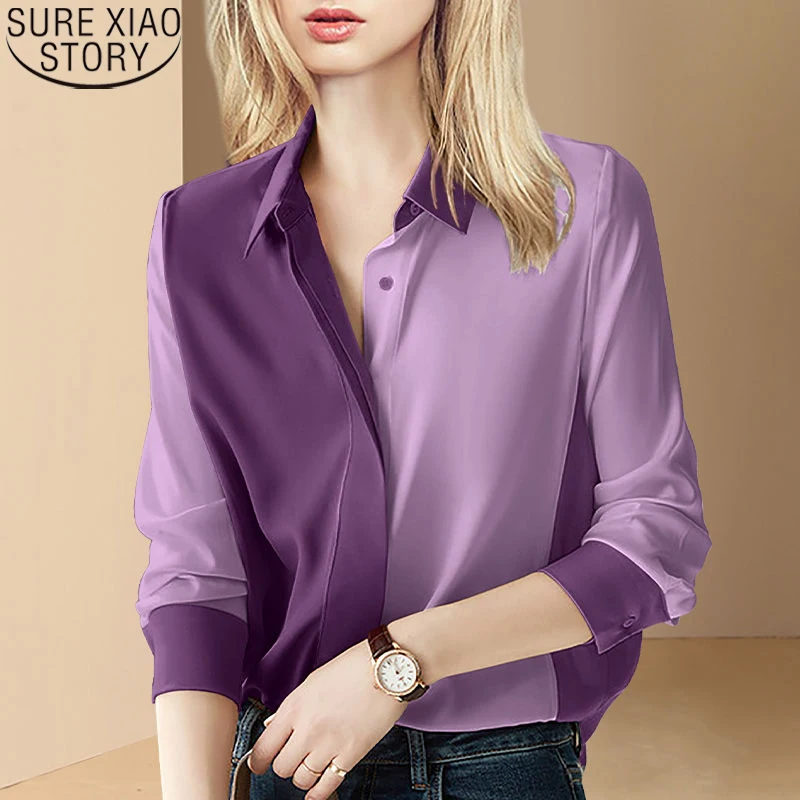 Moda costurado roxo blusa feminina topos outono primavera 2022 novo estilo francês senhora do escritório magro ajuste camisa roupas blusas 23260