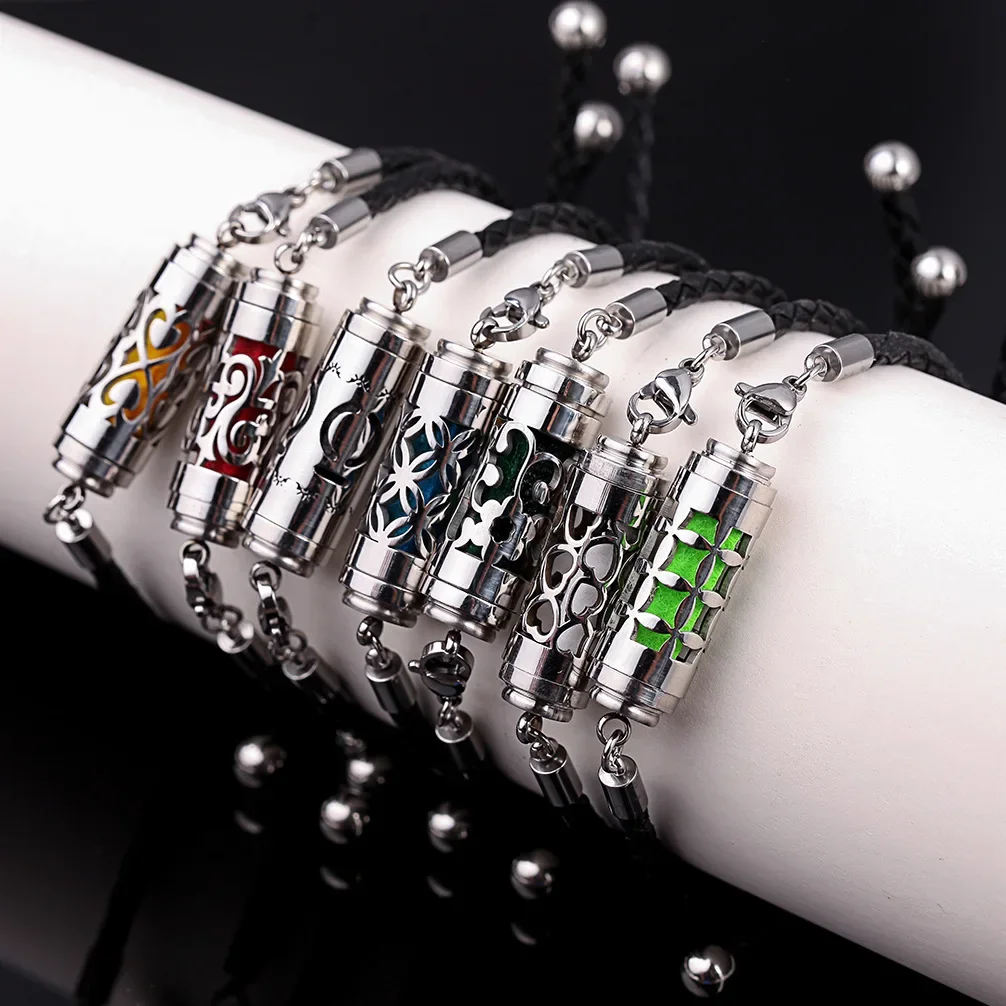 2024 популярный браслет из нержавеющей стали с благовониями черный кожаный