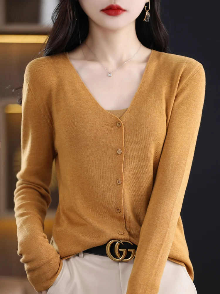 

Aliselect Autumn Winter Classic Wool Blend Women's Knitted Cardigan Sweater Long-Sleeved Solid Color V-neck top