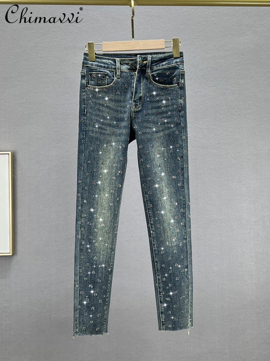

Rhinestone Denim Skinny Pants Women's Autumn Fashion Stretch High Waist Slim European Station Cropped Pants Streetwear Trousers