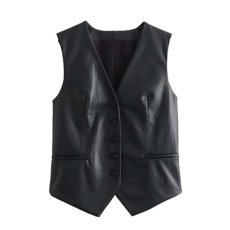 

YENKYE New Fashion Women Black Chic Faux Leather Vest V Neck Sleeveless Female Waistcoat