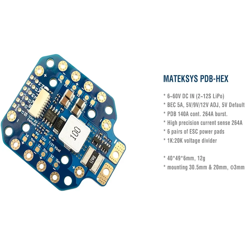 Фото Плата распределения питания MATEK PDB-HEX 2-12S 5A с BEC 5В/9В/12В и высокоточным датчиком тока для FPV-дронов №5