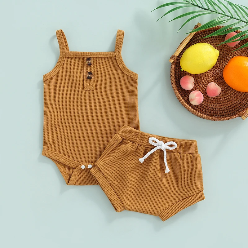 

Summer Baby Boy Girl Shorts Solid Sleeveless Button Jumpsuit Shorts Sling Waffle 2pcs Clothing Set